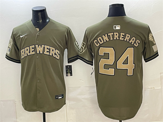 Men's Milwaukee Brewers #24 William Contreras Olive 2026 Armed Forces Day Stitched Baseball Jersey